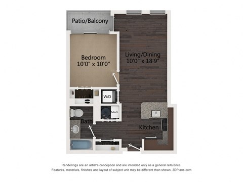 Floor plan for 1 bed, 1 bath, 681 sqft